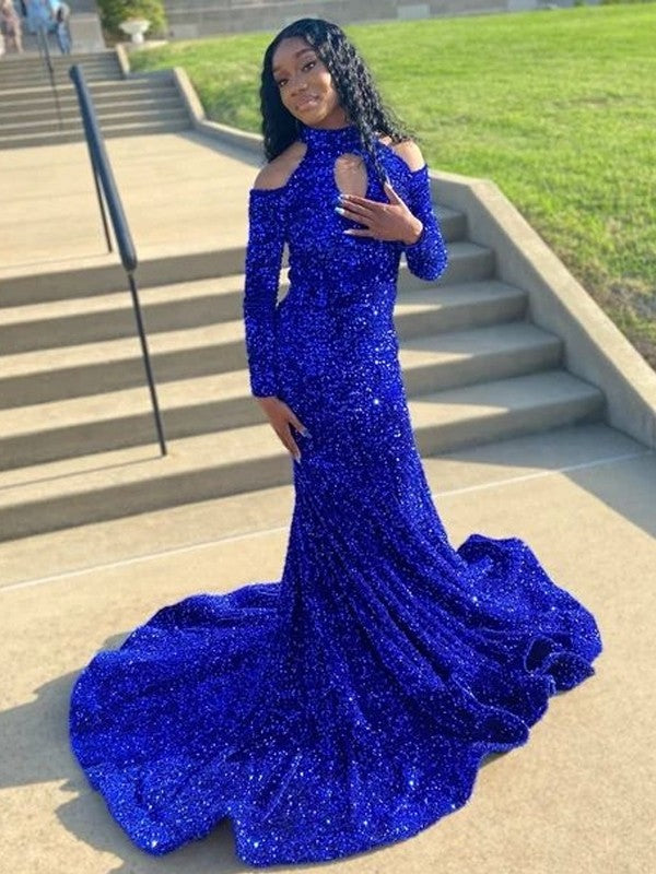 Wholesale Trumpet/Mermaid Velvet Sequins High Neck Long Sleeves Chapel Train Dresses
